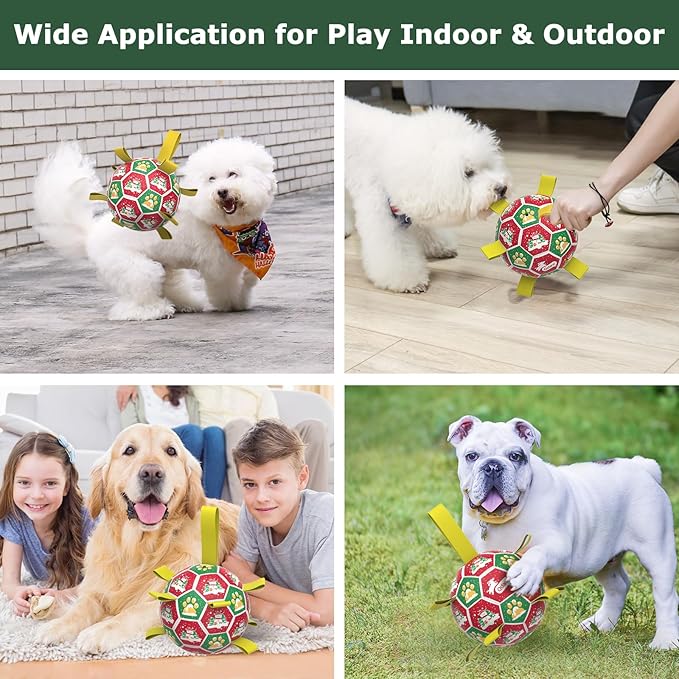 QDAN Christmas Dog Toys: Dog Soccer Ball with Straps for Outdoor Play, Tug of War, Puppy Gifts Durable 8-Inch Dog Balls for Medium Large Dogs