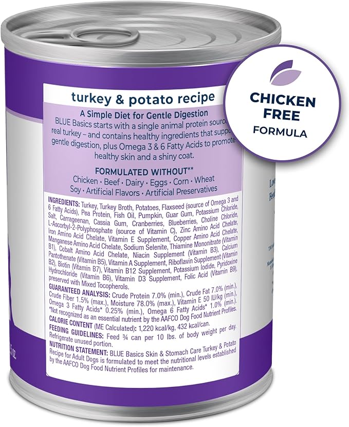Blue Buffalo Basics Grain-Free Adult Wet Dog Food, Skin & Stomach Care, Limited Ingredient Diet, Turkey Recipe, 12.5-oz Can, 12 Count