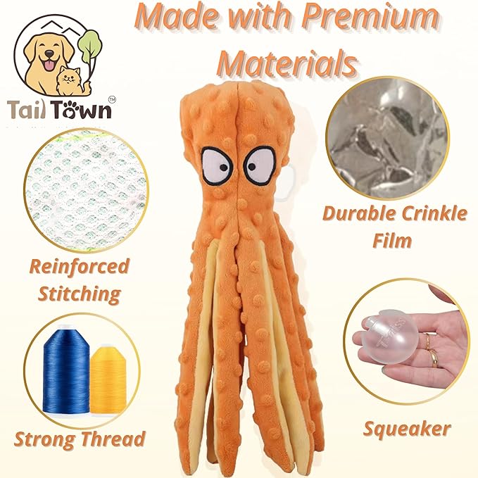 Orange Octopus Dog Toy – Squeaky & Crinkle Plush – Durable No Stuffing Chew Toy for Small Medium Large Dogs Puppies & Seniors – Interactive Safe Soft Toy for Tug Fetch Play – Tail Town