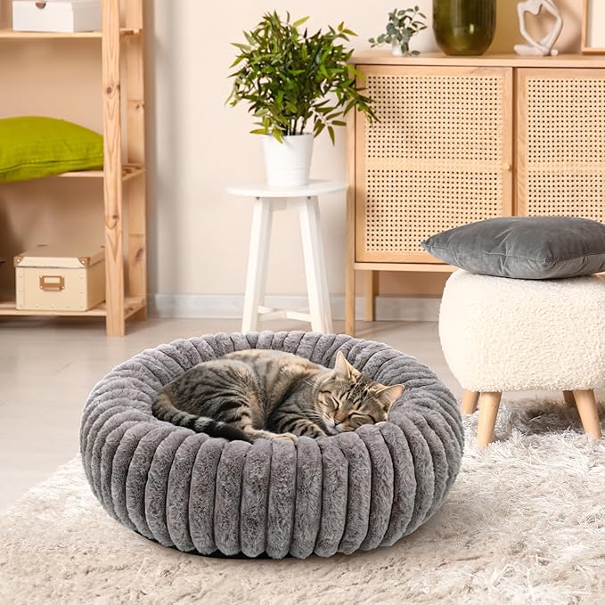 Cat Bed Round, Washable Calming Pet Bed, Ultra Soft Puppy Bed for Small Dogs with Non-Slip Bottom (20×20inch, Grey)