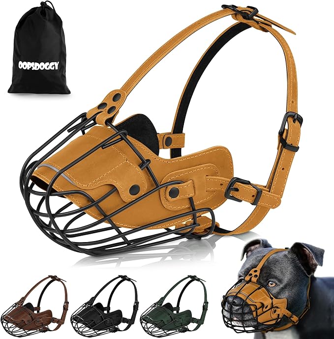 OOPSDOGGY Metal Pitbull Dog Muzzle Reflective Leather Mask Secure Wire Basket Muzzle for Large Sized Dogs Amstaff Soft Cage Muzzle to Prevent Biting Chewing with Adjustable Straps (Camel, Pitbull)