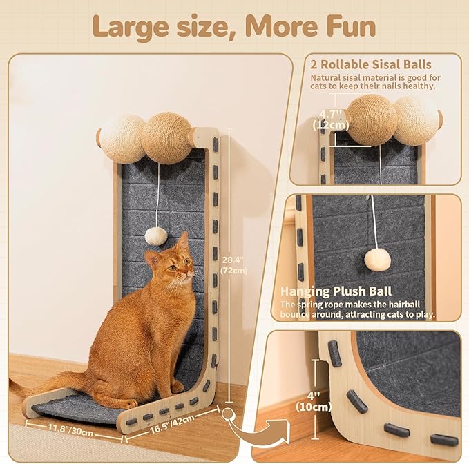 Cat Scratcher Felt Cat Scratch Pad for Cats with Sisal Balls Cat Scratching Board Large Scratchers for Indoor Adult Cat Scratching Furniture Protector Post Toy L Shape 28.4 Inch Grey