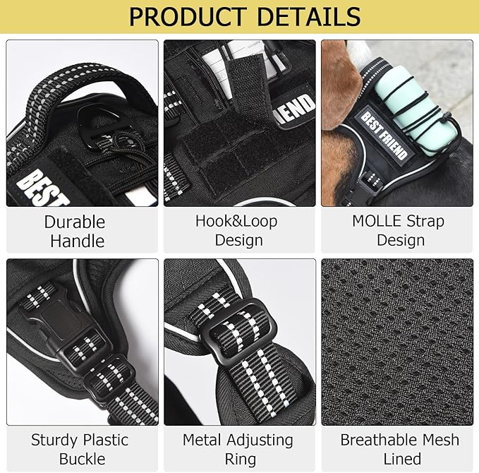 PET MARVEL Tactical Dog Harness for Medium Size, No Pull Military Dog Vest with Easy Control Handle, Molle Hoop & Loop, Adjustable Reflective Reinforced Stich for Walking Training, Black