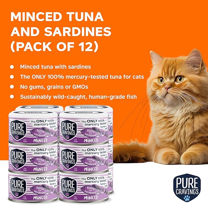 Pure Cravings Minced Tuna and Sardines Wet Canned Cat Food, 100% Mercury-Tested, Moist Can Fish for Cats, Grain-Free, Protein, Non-GMO, 3oz, Pack of 12