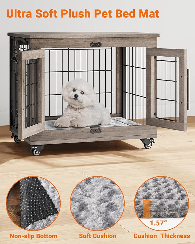Dog Crate Furniture with Cushion, Wooden Dog Kennel Indoor with Double Doors, Dog Cage with Wheels, Dog House Side End Table for Small Dogs up to 30 lb, 27.2" L, Grey