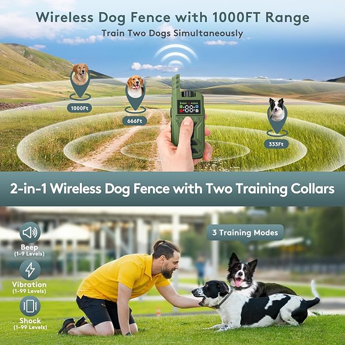 Wireless Dog Fence & Training Collar – Waterproof Electric Fence System with Remote, Pet Containment, Adjustable Range 33–1000ft, Safe Shock/Vibration/Beep Modes (Green with 2 Collars)