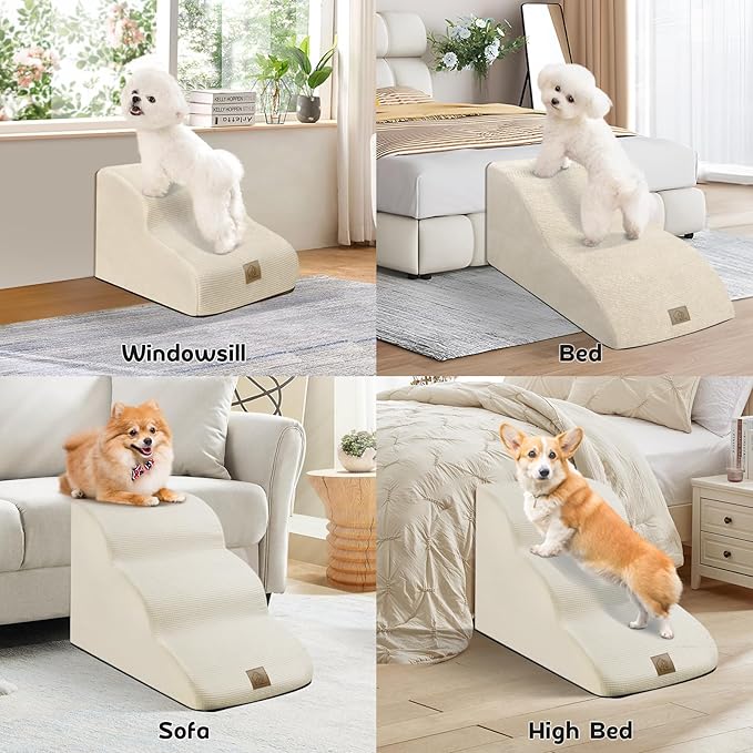 Mestuel Extended Dog Stairs Steps for Couch Sofa, Dog Stairs Ramp for Small Old Joint Injury Dogs Cats, Pet Stairs with Gentle Slope& Nonslip Bottom, Washable Fabric Cover,Beige