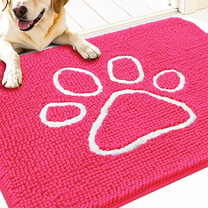 OLANLY Dog Door Mat for Muddy Paws 30x20, Paw Print Design, Absorbs Moisture and Dirt, Absorbent Non-Slip Washable Doormat, Quick Dry Chenille Mud Mat for Dogs, Entry Indoor Entryway Carpet, Hot Pink