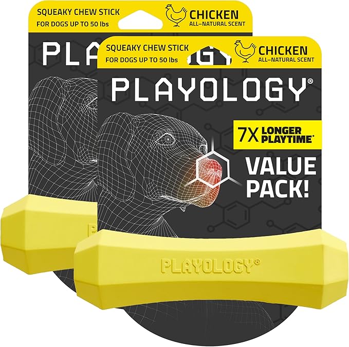 Playology Dog Toys | Durable Squeaky Chew Stick for Dogs (Value 2-Pack) | Medium Chicken Scented Toy - Easy to Clean and Made from Non Toxic Materials