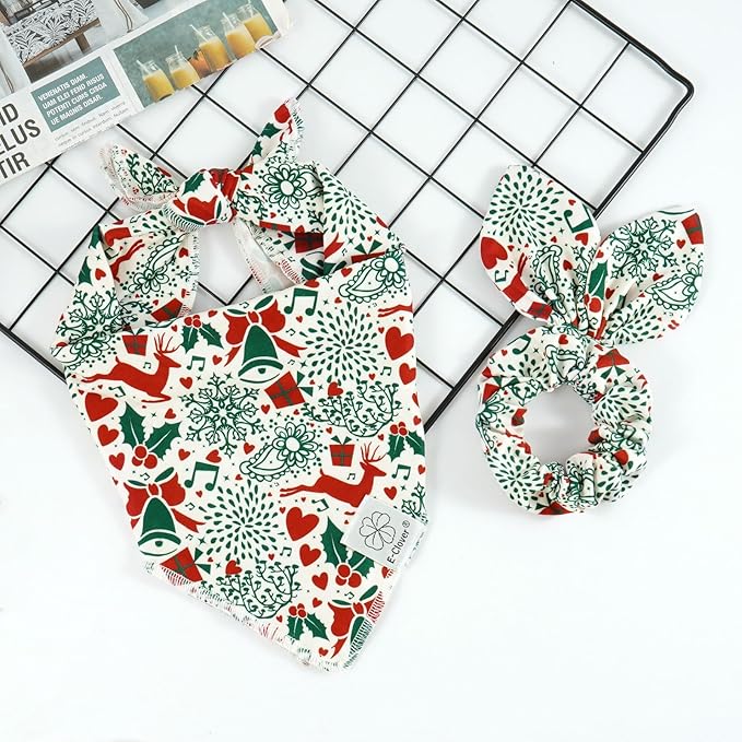 E-Clover Christmas Dog Bandanas & Matching Scrunchie Set White Green Red Dog Scarf Bibs Pet Bandana with Bow Tie for Small Dogs Puppy Owner Mom Winter