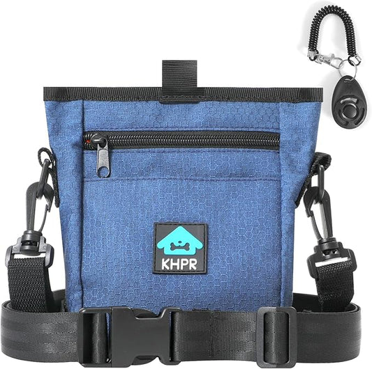 Dog Treat Pouch Magnetic Closure with Training Clicker，Hands-Free Design to Prevent Spills，Built in Poop Bag Dispenser，3 Ways To Wear，Metal Clip Waist Belt and Fanny Pack for Pet Walking（Blue）