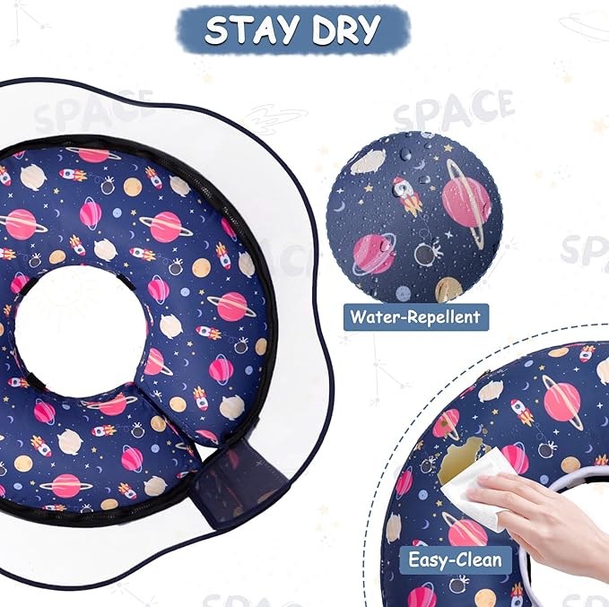Inflatable Dog Cone Collar,Waterproof Soft Dog Donut Cone for Large Medium Small Dogs Cats, Recovery Pet E-Collar Alternatives After Surgery (Planet-with Shield, Medium)