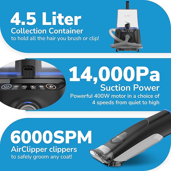 ULTRA Pet Grooming Vacuum Kit - Cat & Dog Grooming Kit For Easy Pet Care at Home, Quiet & Safe Dog Hair Remover Machine with Brush, Clipper, Shedding & Cleaner Tools & 4.5L Canister