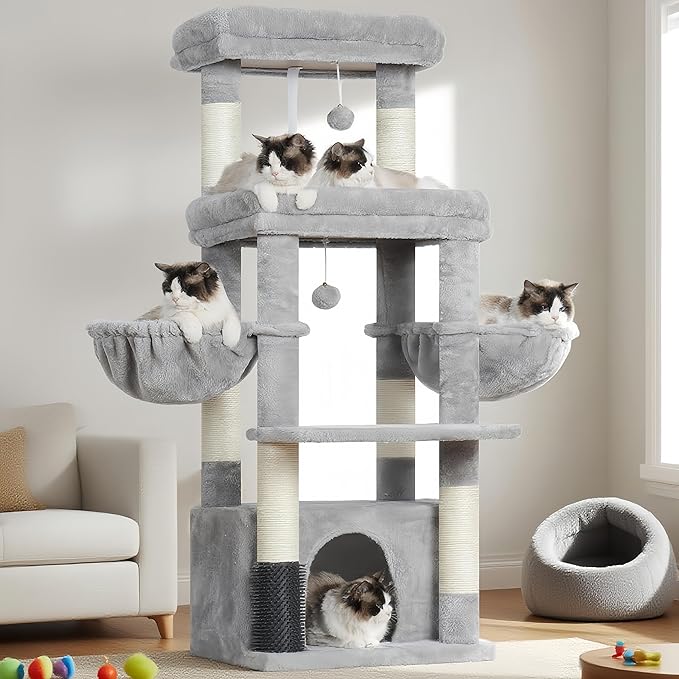 Hey-brother Cat Tree Tower, Scratching Posts with Extra Large Platform, Specious Condo, 2 Cozy Hammocks, Self-Grooming Brush for Indoor Adult Cats, Maine Coon 51.1 inches, Light Gray MPJ070W