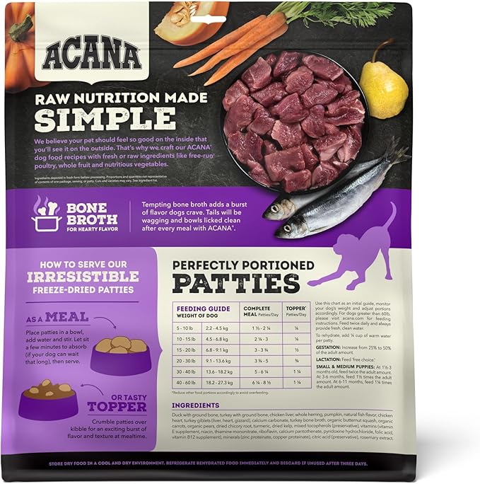 ACANA Grain-Free High Protein Freeze Dried Dog Food & Topper Free-Run Duck Recipe Patties 14oz Bag