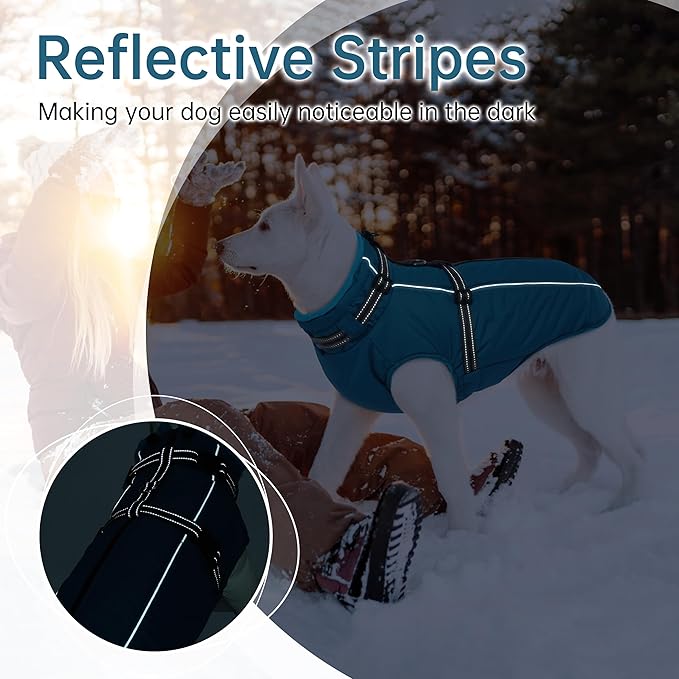 PUMYPOREITY Dog Coat with Harness Built in, Reflective Fleece Jacket, Thick and Warm Winter Coat, Medium Dog Jacket with Zip, Cold Weather Coats for Outdoor, Windproof Pet Snowsuit, Blue, M