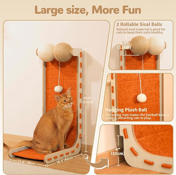 Cat Scratcher Felt Cat Scratch Pad for Cats with Sisal Balls Cat Scratching Board Large Scratchers for Indoor Adult Cat Scratching Furniture Protector Post Toy L Shape 28.4 Inch Orange