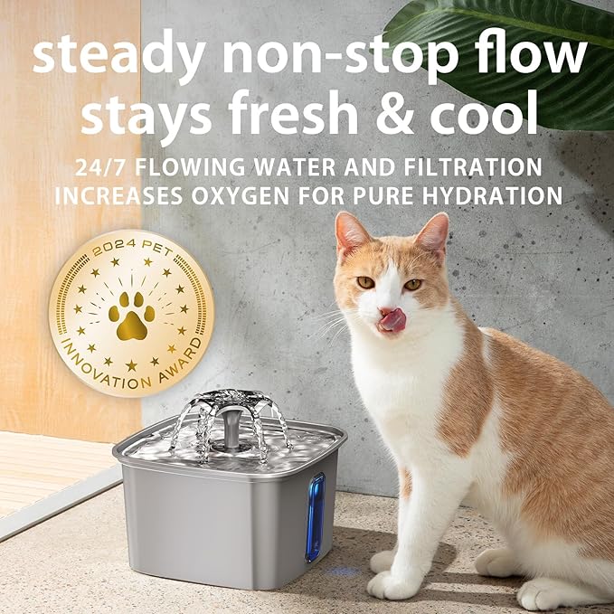 Veken Innovation Award Winner Stainless Steel Cat Water Fountain, 108oz/3.2L Automatic Pet Fountain Dog Water Dispenser with Replacement Filters & Silicone Mat for Cats, Dogs, Multiple Pets (Silver)