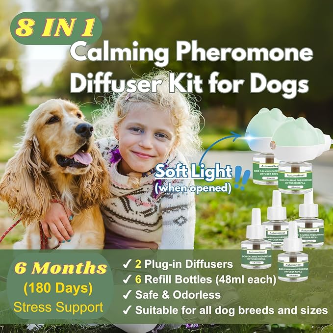 Dog Calming Diffuser Kit, Pet Pheromone Plug-in Set (2 Diffusers + 6 Refill 48ml) for Anxiety Relief, Reduces Barking, Aggression, Destructive Behavior, Fireworks Fear, 180 Days (Safe Formula)