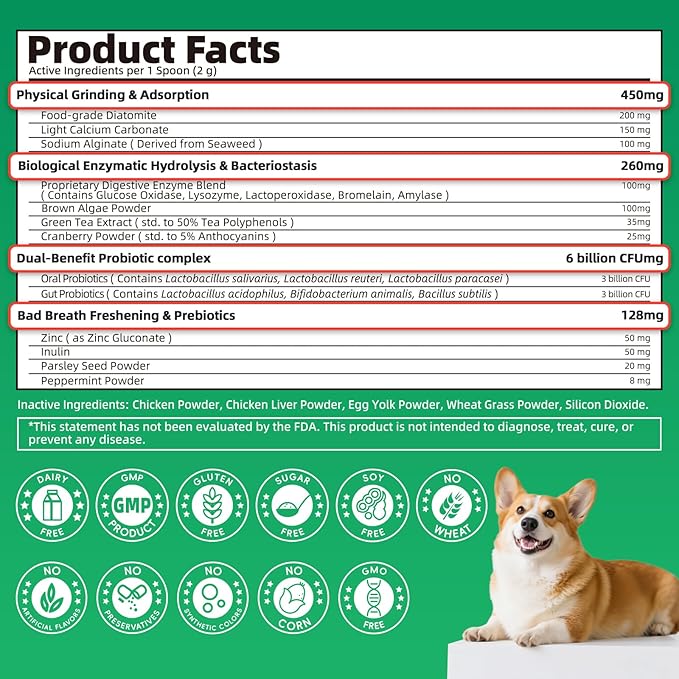 Dog Dental Powder – Teeth Cleaning Powder with 6B CFU Probiotics, Enzymes & Antioxidants, Plaque & Tartar Off, Fresh Breath Support, No Brushing Oral Care, Mint Chicken Flavor, 75 Servings