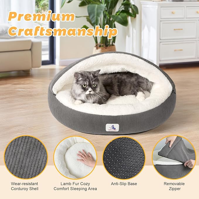23" Covered Cat Bed Cave for Indoor Cats and Small Dogs - Enclosed Cozy Pet Bed with Hooded Roof for Added Security & Warmth, Washable & Removable Cushion, Anti-Slip Bottom Cat House, Gray