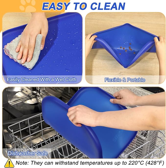 Silicone Pet Feeding Mat with Raised Edge for Food and Water, Dog Bowl Mats, Cat Bowls Placemat with High Lip for Floor Waterproof, Rubber Tray for Cats and Dogs 24 x 16 x0.8 Navy Blue