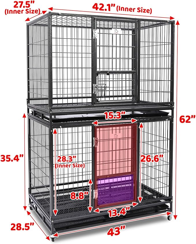 Homey Pet 43" Stackable Heavy Duty Dog Crate Cage Kennel with Feeding Door, Four Lockable Casters, Removable Tray and Grid, Escape Proof Dog Crate for Large Dogs(Two Tiers)
