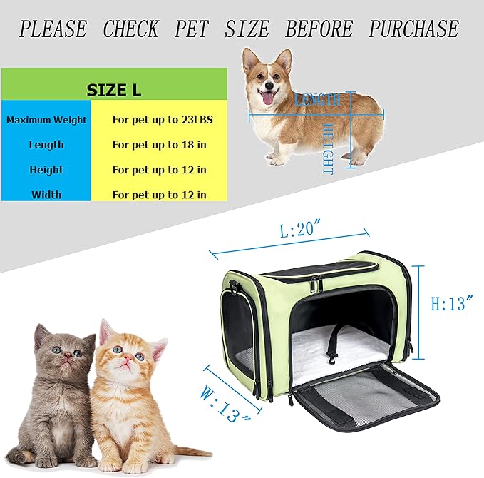 Soft Sided Carrier for Small Medium Cats Dogs,Removable Pad Collapsible Travel Pet Carrier Large Green