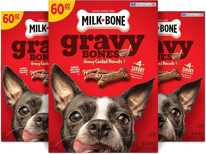 Milk-Bone Gravy Bones Dog Treats with 4 Savory Meat Flavors Coated in Gravy, 60 Ounce (Pack of 3)