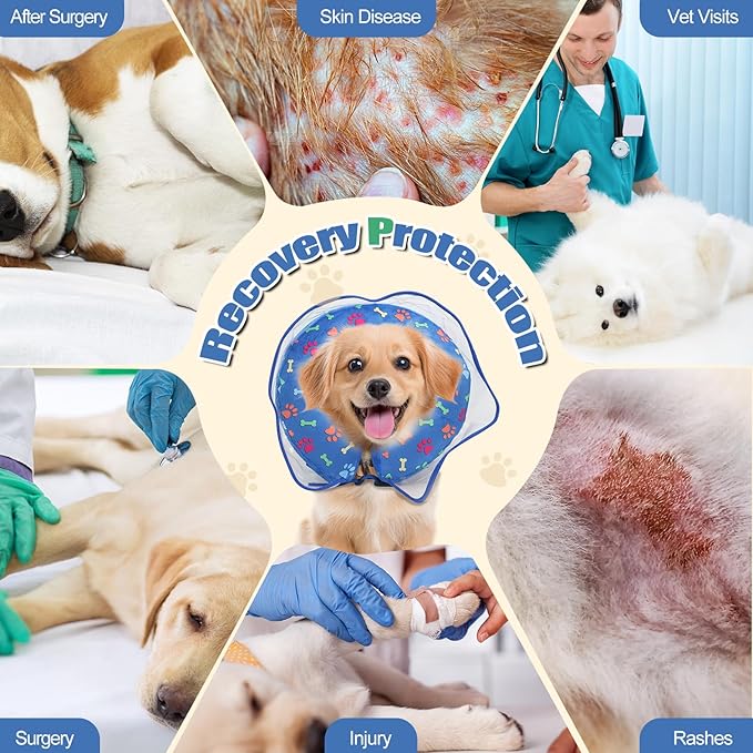 Dog Cone, Inflatable Dog Cone for Small, Medium, and Large Dogs, Soft Cone for Dogs After Surgery with Adjustable Buckle, Adjustable Soft Recovery Collar with Detachable Cove