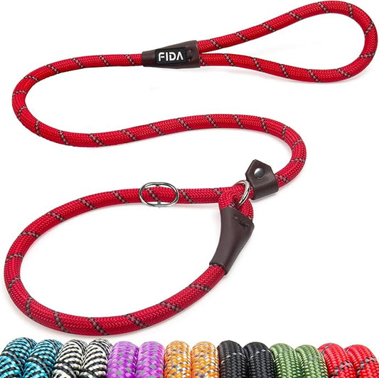 Fida Slip Leads for Dogs - 6 FT x 1/2" Heavy Duty Comfortable Strong Rope Leash for Large, Medium Dogs - No Pull Pet Training Leash with Highly Reflective Red