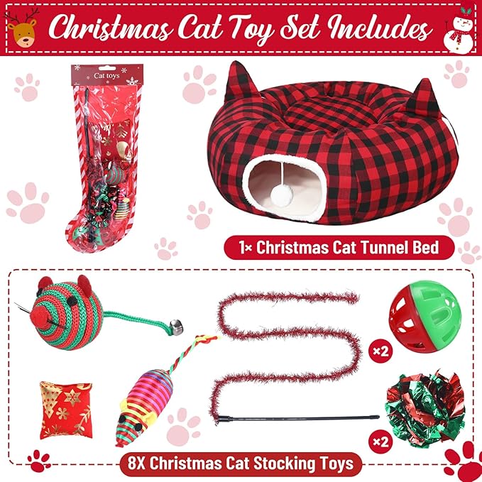 Christmas Cat Tunnel Bed with 8 Cat Toys Fluffy Plush Dog Tunnel Bed with Washable Cushion and Dangling Balls 3FT Multifunctional Playground for Small Medium Large Rabbit(Plaid,Red)