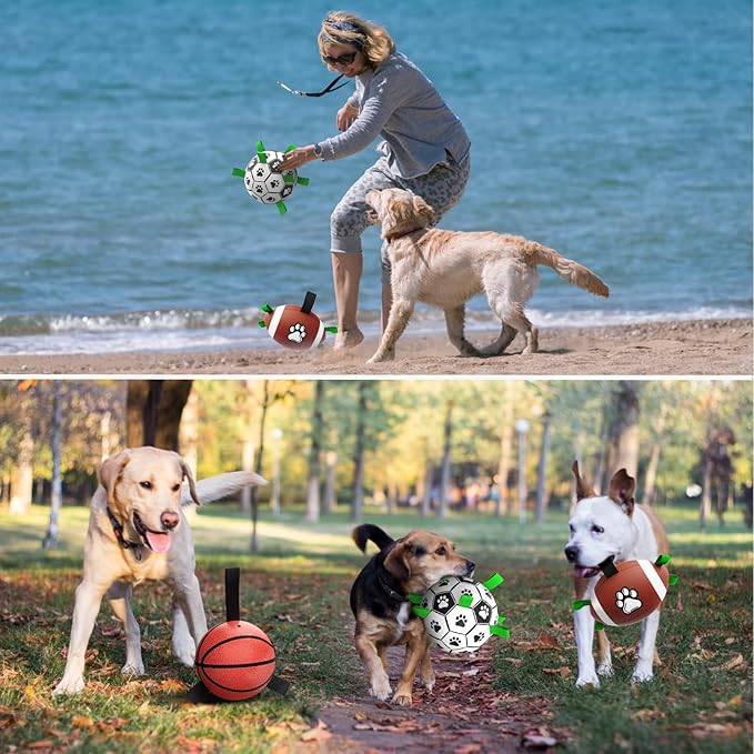 QDAN Dog Soccer Ball Football Basketball Set - 3 PCS Dog Balls with Strap for Tug of War, Soccer Ball Football Toys for Small Medium Large Dogs, Herding Ball for Dogs, Dog Birthday Toy