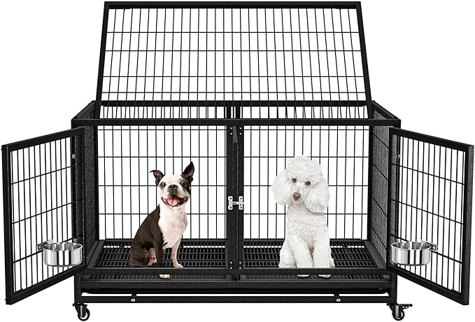 48/43 inch Heavy Duty Dog Crate with Divider for Large Dogs, Stackable Dog Kennels and Metal Wire Cages with Feeding Bowls, Leak-Proof Pans, Removable Wire Trays, Extra Large XL XXL