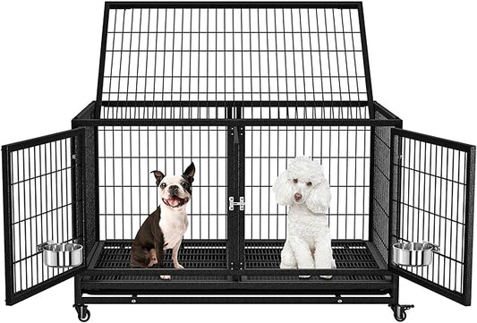 48/43 inch Heavy Duty Dog Crate with Divider for Large Dogs, Stackable Dog Kennels and Metal Wire Cages with Feeding Bowls, Leak-Proof Pans, Removable Wire Trays, Extra Large XL XXL