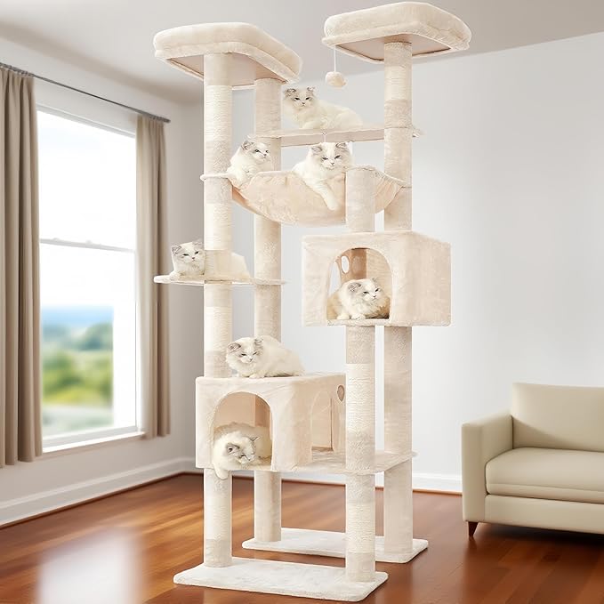 Hey-brother Tall Cat Tree Tower, Heavy Duty Scratching Posts with Large Platforms, Cozy Condos, Big Hammock, Toy Balls, Multi-Level Furniture for Indoor Adult Cats, 80.7 Inches, Beige MPJ039M