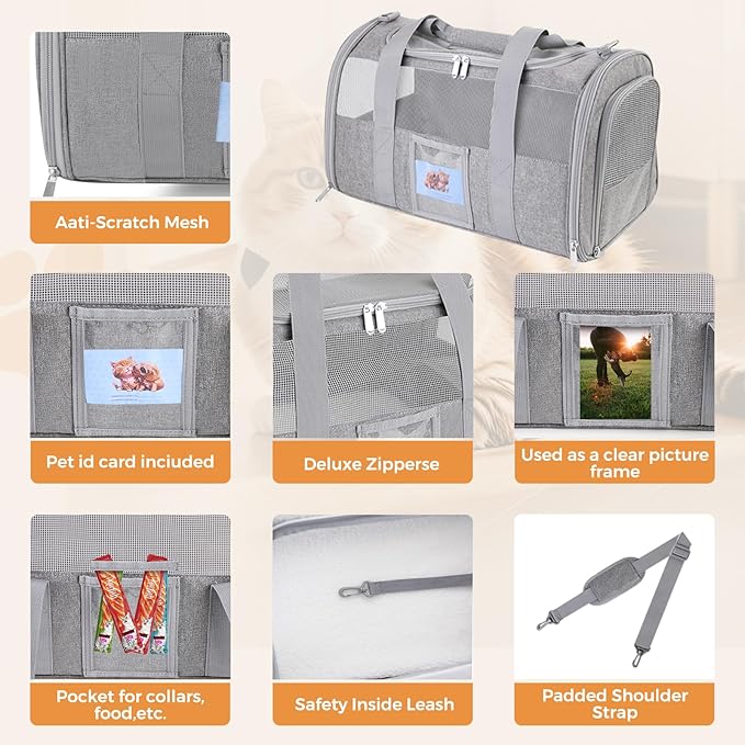 Pet Carrier 17Lx12Wx11H inches, Airline Approved,Pet Travel Carrier Bag for Small Cats and Dogs, Soft Dog Carrier for 1-25 LBS Pets,Dog Cat Carrier with Safety Lock Zipper (Grey)
