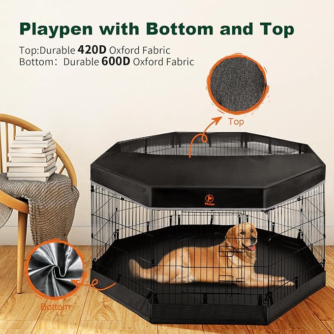 PJYuCien Dog Playpen - Metal Foldable Dog Exercise Pen, Pet Fence Puppy Crate Kennel Indoor Outdoor with 8 Panels 24”H & Top Cover and Bottom Pad for Small Medium Pets