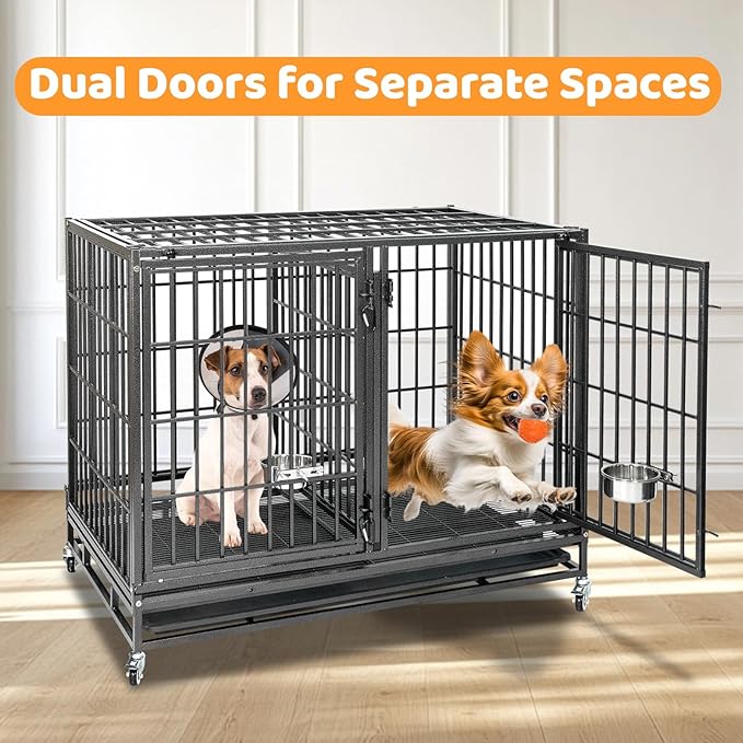 Homey Pet 43 Inch 2 Tiers Dog Crate Cage Kennel with Divider, Stackable Heavy Duty Dog Crate for Large Dogs, Escape Proof Indestructible Dog Kennel Indoor with Removable Tray, Lockable Wheels(2 Packs)