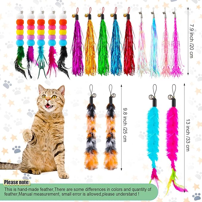 50 Pcs Cat Feather Toys Refill Cat Wand Replacement Feathers with Bells Interactive Pet Wand Attachment Toys