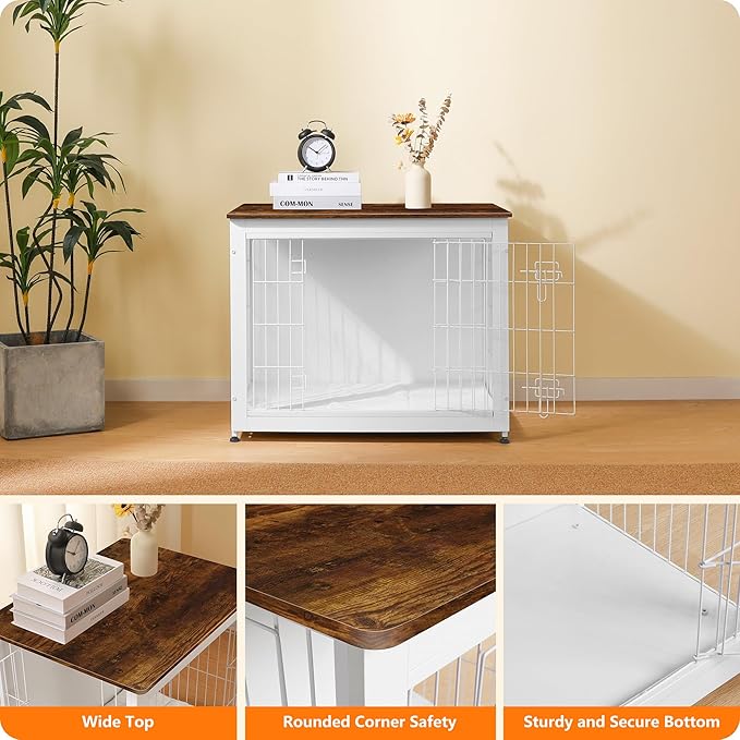 DWANTON Dog Crate Furniture with Cushion, Wooden Kennel Table with Double Doors, Indoor Dog House, Medium Size, 32.5" L, White+Rustic Brown