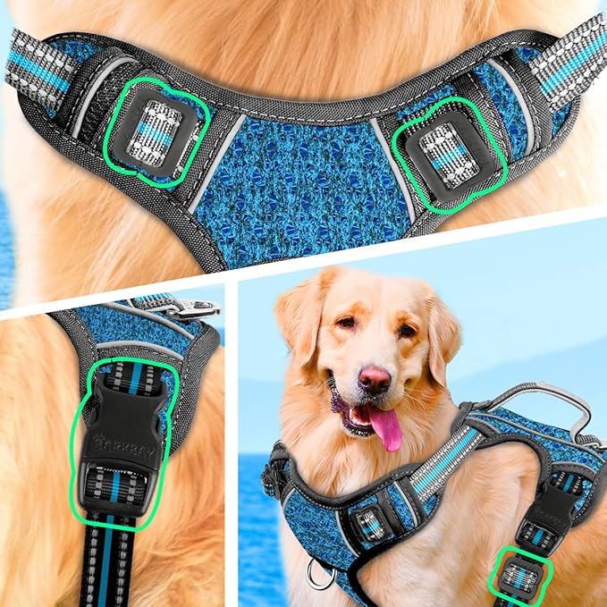 BARKBAY No Pull Dog Harness Large Reflective Dog Harness with Front Clip and Easy Control Handle for Walking Training Running with ID tag Pocket(Blue/Black,M)