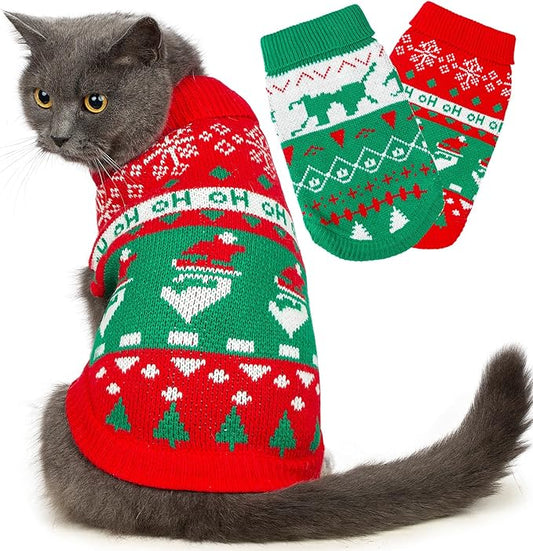 Stretchy Cat Christmas Sweater - 2 Packs Christmas Sweaters for Cats | Snug Winter-Ready Knit for Boy/Girl Cats & Kittens(Scarlet, Medium)