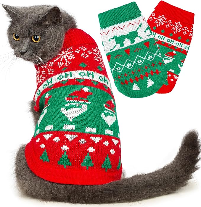 Stretchy Cat Christmas Sweater - 2 Packs Christmas Sweaters for Cats | Snug Winter-Ready Knit for Boy/Girl Cats & Kittens(Scarlet, Large)