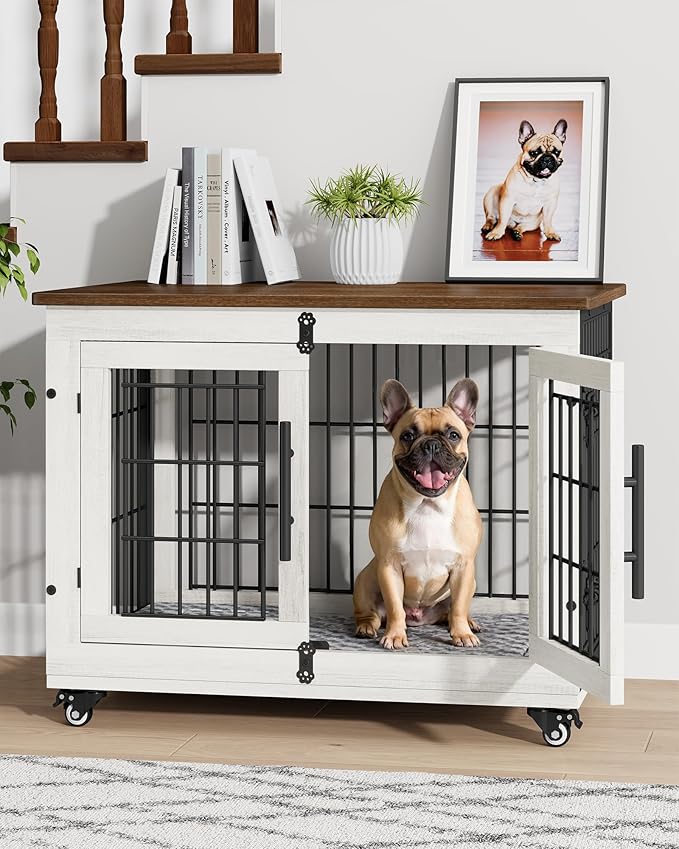 Dog Crate Furniture with Cushion, Wooden Dog Kennel Indoor with Double Doors, Dog Cage with Wheels, Dog House Side End Table for Small Medium Dogs up to 45 lb, 32.5" L, White