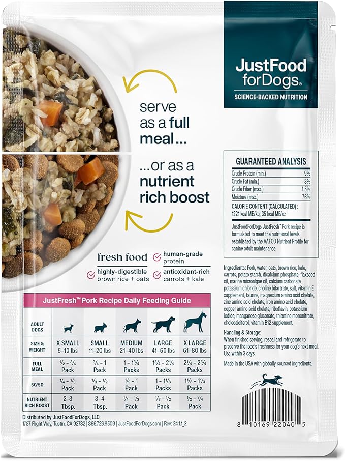 JustFoodForDogs JustFresh Wet Dog Food, Fresh Pet Meals and Toppers with No Preservatives, Resealable Package, Human Grade, Home-Cooked Pork, 12 oz - 7 Pack