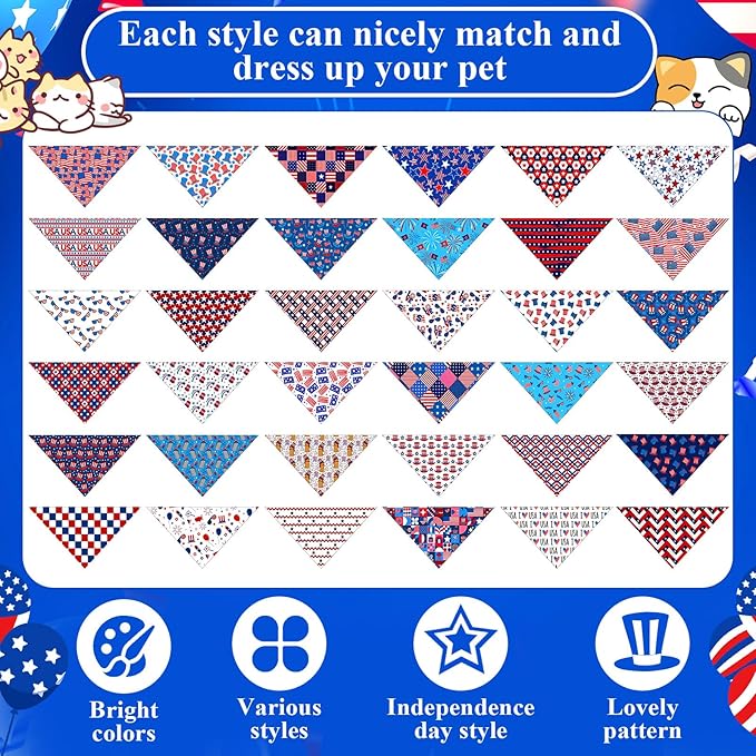 72 Pcs Veterans Day Dog Bandanas Bulk Patriotic Triangle Scarf Cat Puppy Bibs Scarf Blue White and Red Pet Bandanas for Puppy Cat Birthday Party Costume
