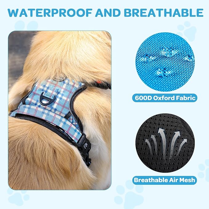 FURRYFECTION Plaid Dog Harness for Small Dogs | No Pull Reflective Pet Harness | No Choke Adjustable Dog Vest Harnesses | with Leash | Easy Control Handle | Front Lead | Seat Belt | Blue&White | S