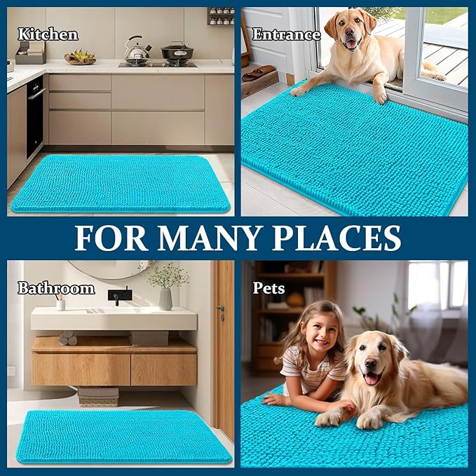 OLANLY Dog Door Mat for Muddy Paws 24x16, Absorbs Moisture and Dirt, Absorbent Non-Slip Washable Doormat, Quick Dry Chenille Mud Mat for Dogs, Entry Indoor Entryway Carpet for Inside Floor, Aqua Blue