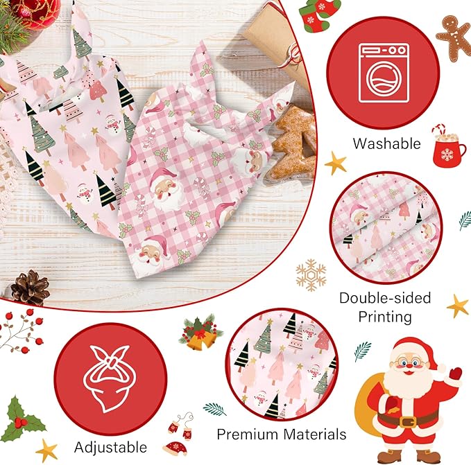 Pink Christmas Dog Bandanas 2 Pcs, Pink Pet Scarf for Dog Girl, Cute Triangle Puppy Scarf Kerchief Bandana Small Medium Pet Dogs On Xmas, Christmas Father Xmas Tree Print Gifts for Dogs Lovers